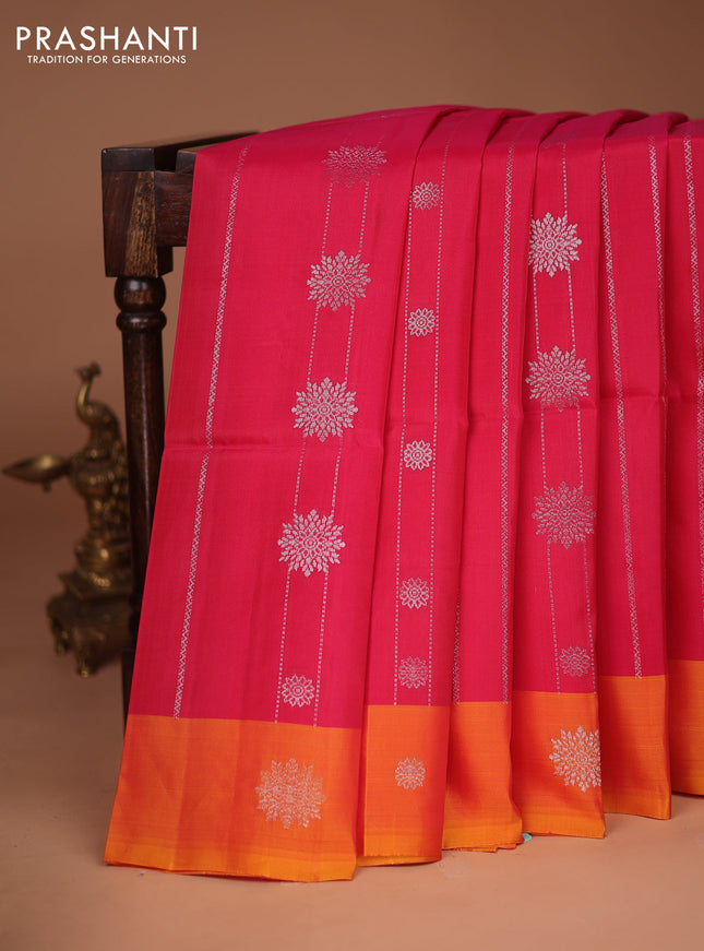 Kanchipuram soft silk saree pink and dual shade of yellow with allover silver zari weaves and silver zari woven border