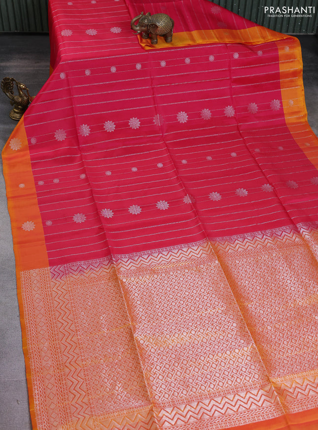Kanchipuram soft silk saree pink and dual shade of yellow with allover silver zari weaves and silver zari woven border