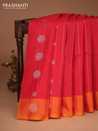 Kanchipuram soft silk saree red and dual shade of yellow with allover silver zari weaves and silver zari woven border
