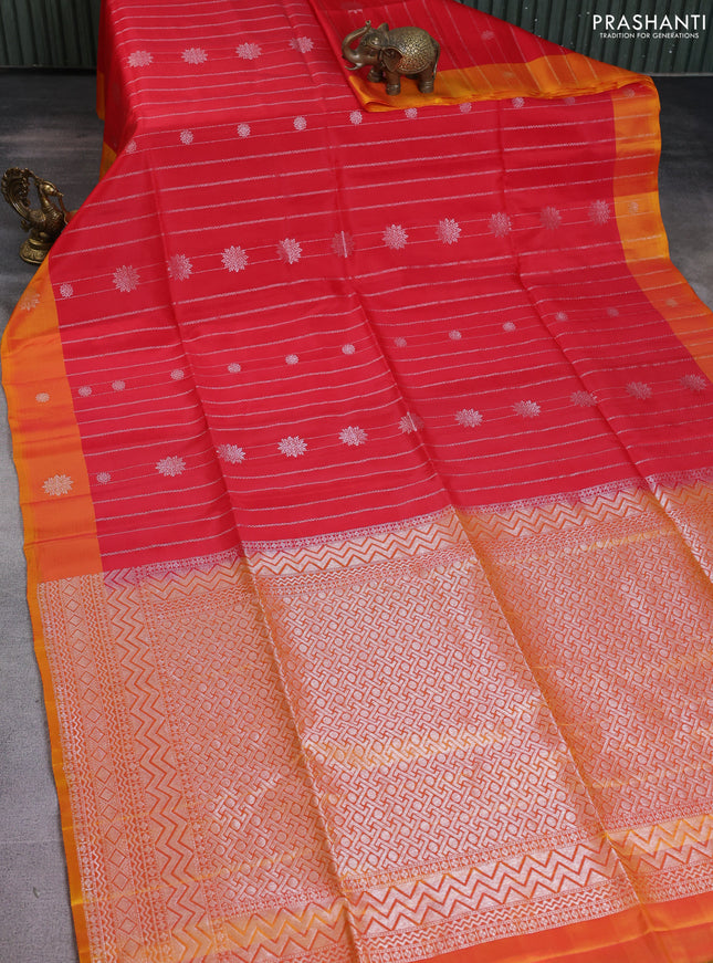 Kanchipuram soft silk saree red and dual shade of yellow with allover silver zari weaves and silver zari woven border