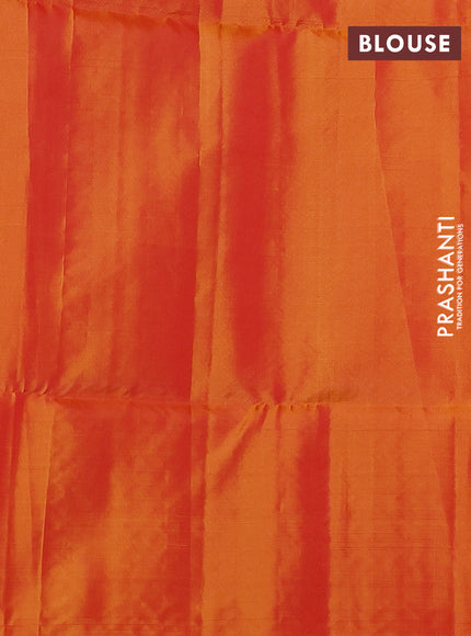 Kanchipuram soft silk saree red and dual shade of yellow with allover silver zari weaves and silver zari woven border