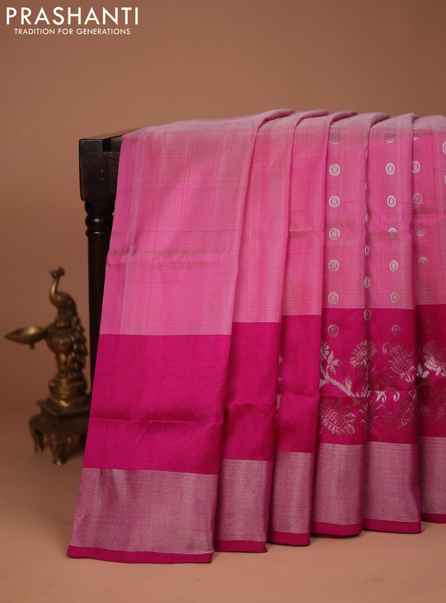 Pure uppada silk saree light pink and pink with silver zari woven buttas and long rich silver zari woven border