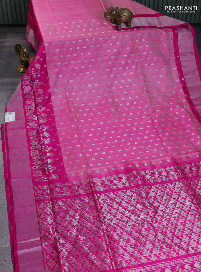 Pure uppada silk saree light pink and pink with silver zari woven buttas and long rich silver zari woven border