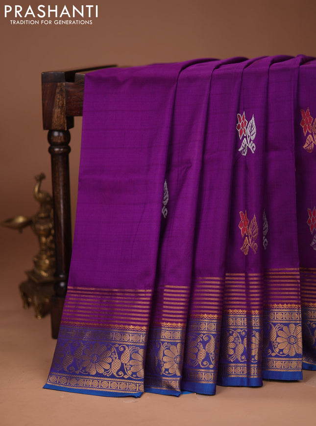 Pure uppada silk saree purple and cs blue with silver & gold zari woven floral buttas and zari woven border