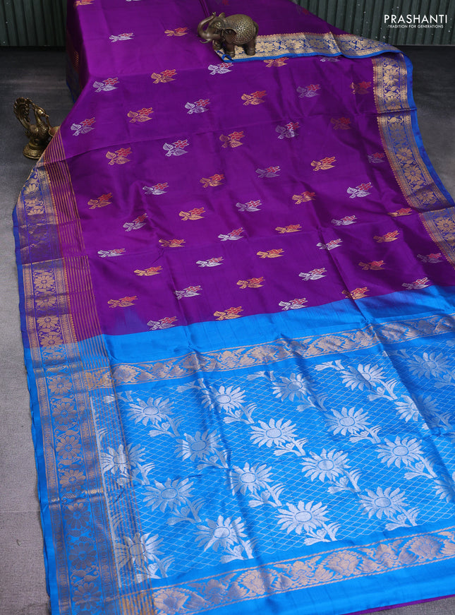 Pure uppada silk saree purple and cs blue with silver & gold zari woven floral buttas and zari woven border