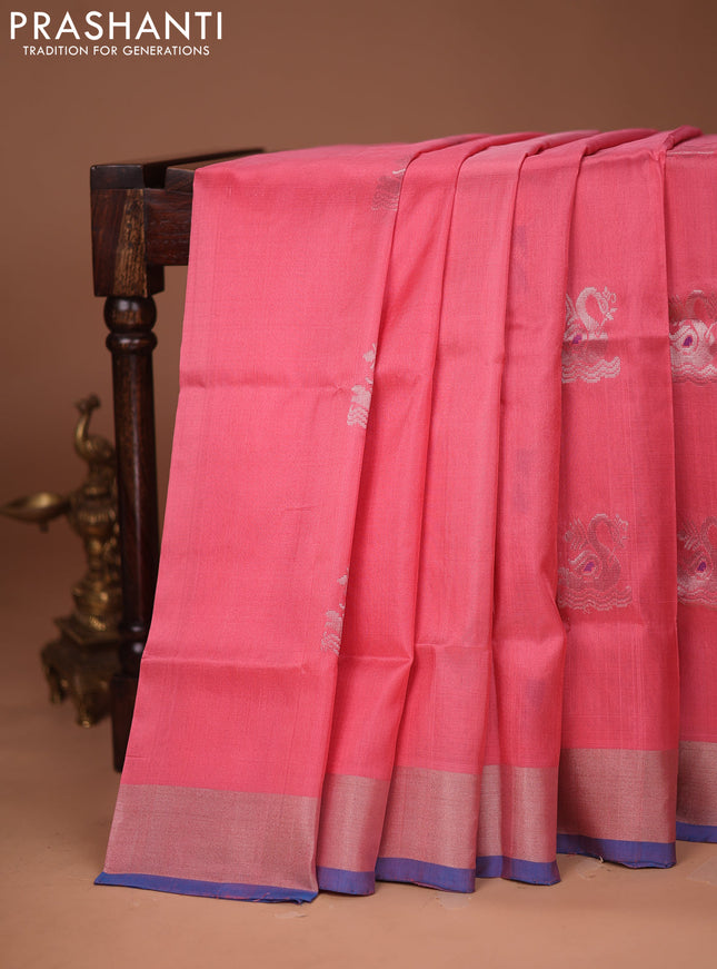Pure uppada silk saree light pink and cs blue with silver zari woven buttas and silver zari woven border