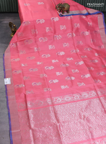 Pure uppada silk saree light pink and cs blue with silver zari woven buttas and silver zari woven border
