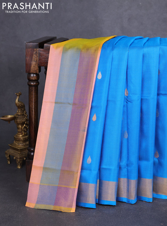 Pure uppada partly silk saree cs blue and multi colour with silver & gold zari woven tilak buttas and zari woven border