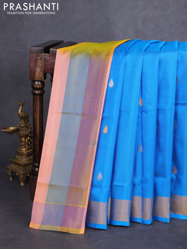 Pure uppada partly silk saree cs blue and multi colour with silver & gold zari woven tilak buttas and zari woven border