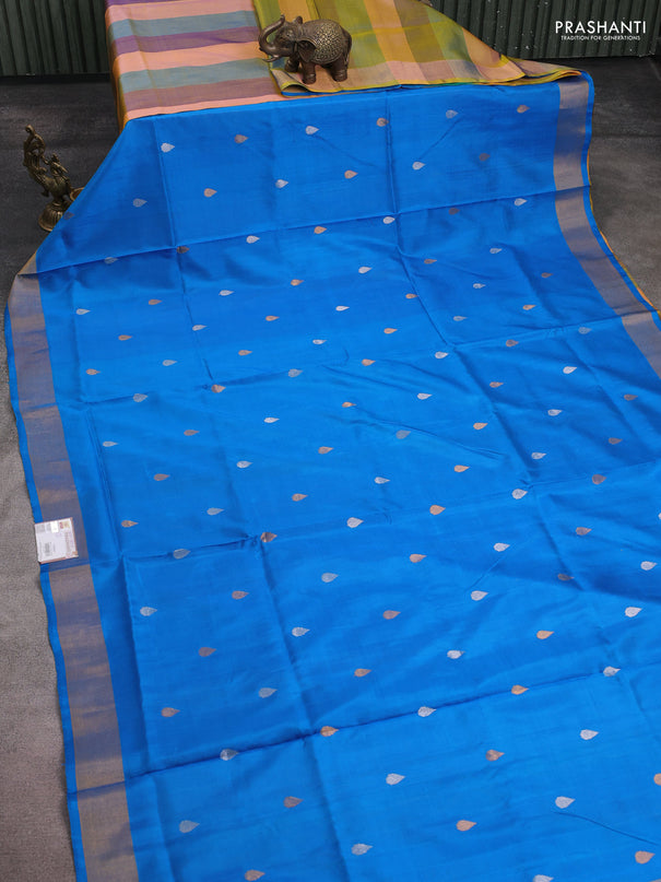 Pure uppada partly silk saree cs blue and multi colour with silver & gold zari woven tilak buttas and zari woven border
