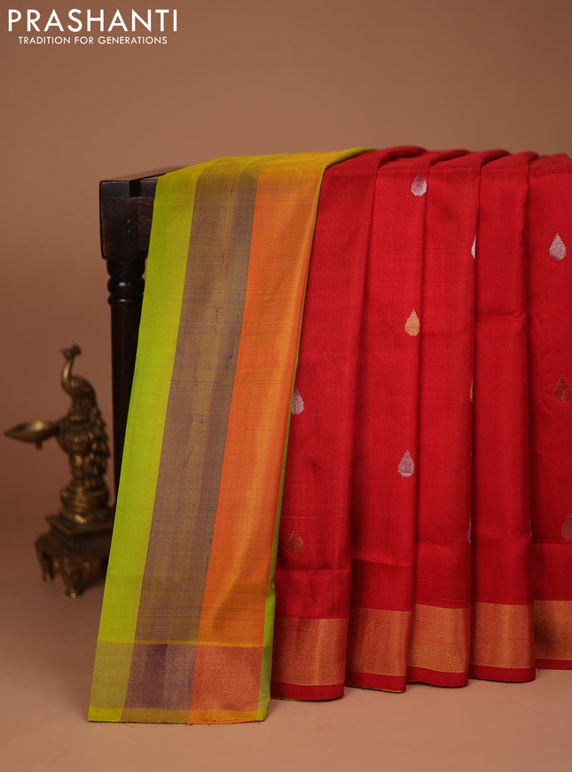 Pure uppada partly silk saree red and multi colour with silver & gold zari woven tilak buttas and zari woven border