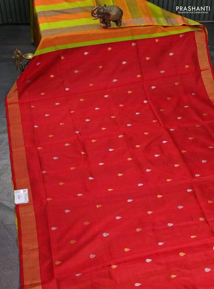 Pure uppada partly silk saree red and multi colour with silver & gold zari woven tilak buttas and zari woven border