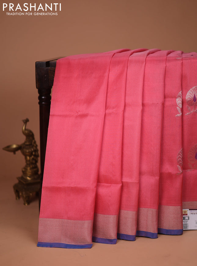 Pure uppada silk saree peach pink and cs blue with silver zari woven buttas and silver zari woven border