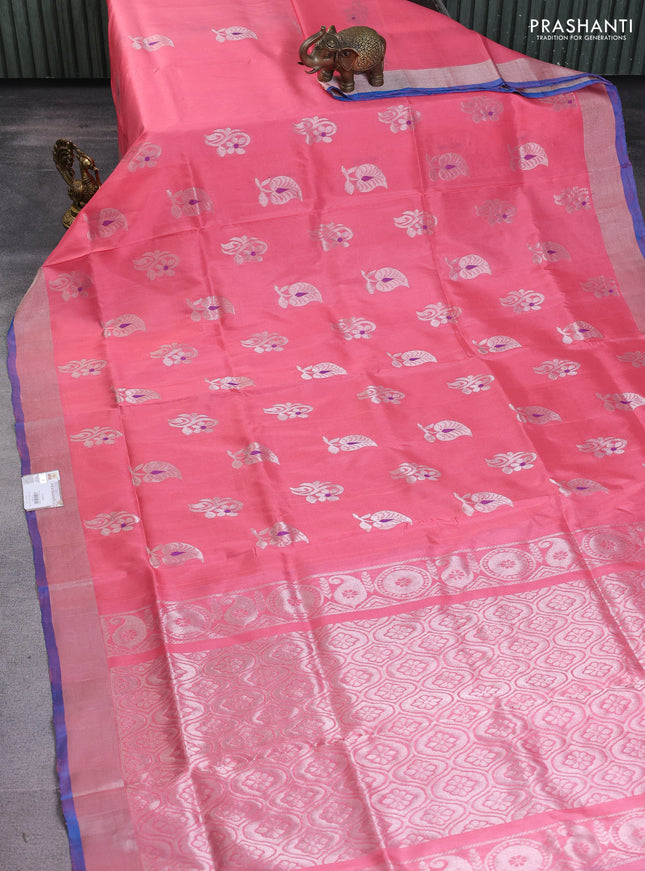 Pure uppada silk saree peach pink and cs blue with silver zari woven buttas and silver zari woven border