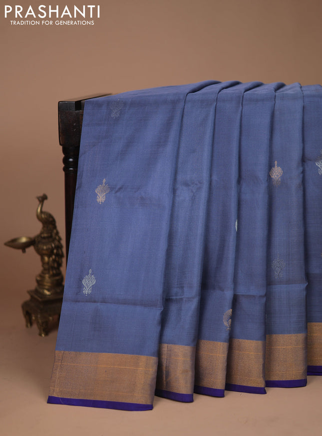 Pure uppada silk saree bluish grey and blue with silver & gold zari woven buttas and zari woven border
