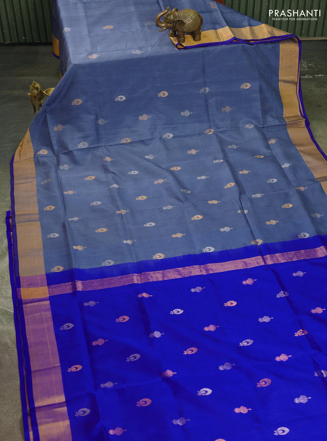 Pure uppada silk saree bluish grey and blue with silver & gold zari woven buttas and zari woven border