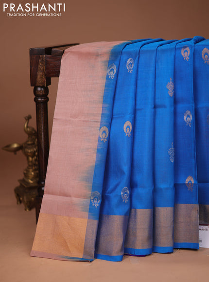 Pure uppada silk saree cs blue and blue with silver & gold zari woven buttas and zari woven border