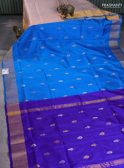 Pure uppada silk saree cs blue and blue with silver & gold zari woven buttas and zari woven border