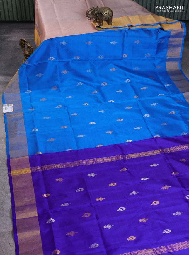 Pure uppada silk saree cs blue and blue with silver & gold zari woven buttas and zari woven border