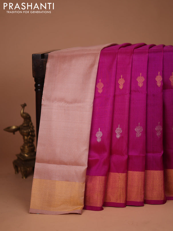 Pure uppada silk saree pink and blue with silver & gold zari woven buttas and zari woven border