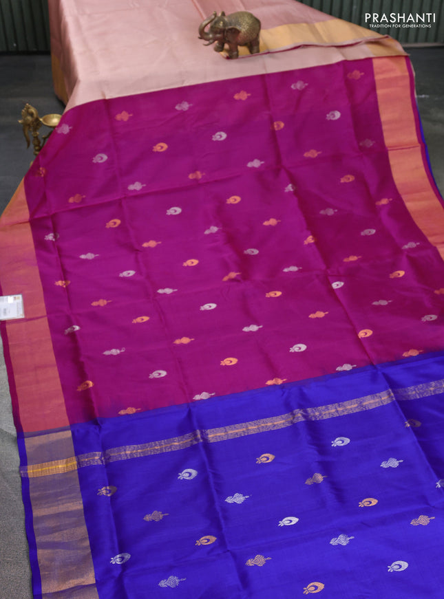 Pure uppada silk saree pink and blue with silver & gold zari woven buttas and zari woven border