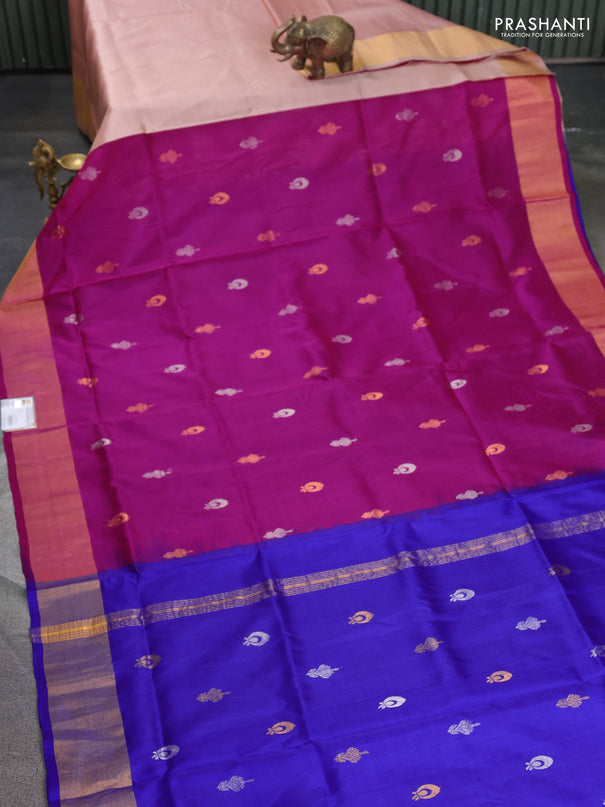 Pure uppada silk saree pink and blue with silver & gold zari woven buttas and zari woven border
