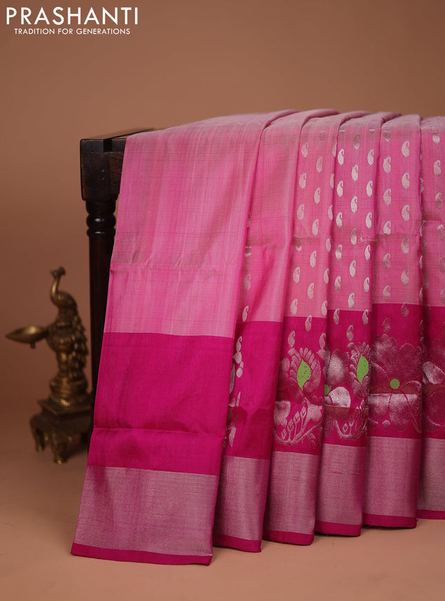 Pure uppada silk saree light pink and pink with allover silver zari woven paisley buttas and rich silver zari woven border