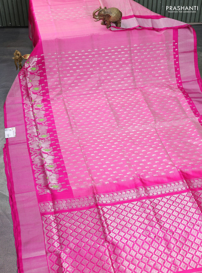 Pure uppada silk saree light pink and pink with allover silver zari woven paisley buttas and rich silver zari woven border