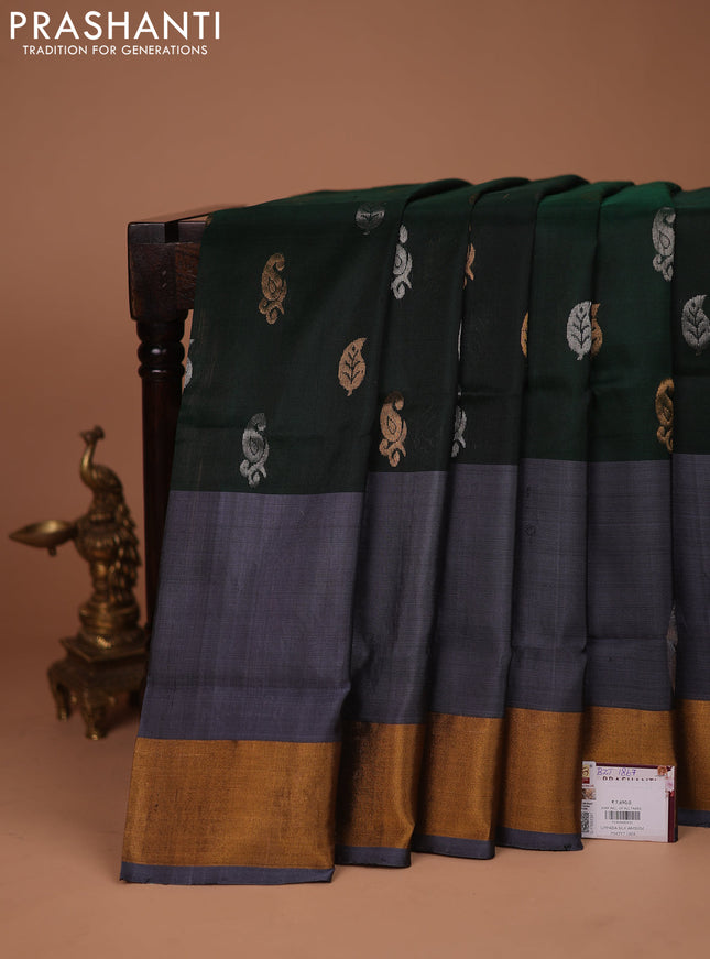 Pure uppada silk saree green and grey with silver & gold zari woven buttas and zari woven peacock design butta border
