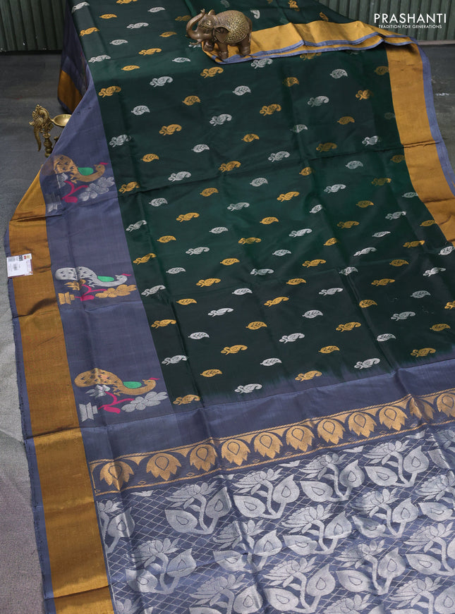 Pure uppada silk saree green and grey with silver & gold zari woven buttas and zari woven peacock design butta border