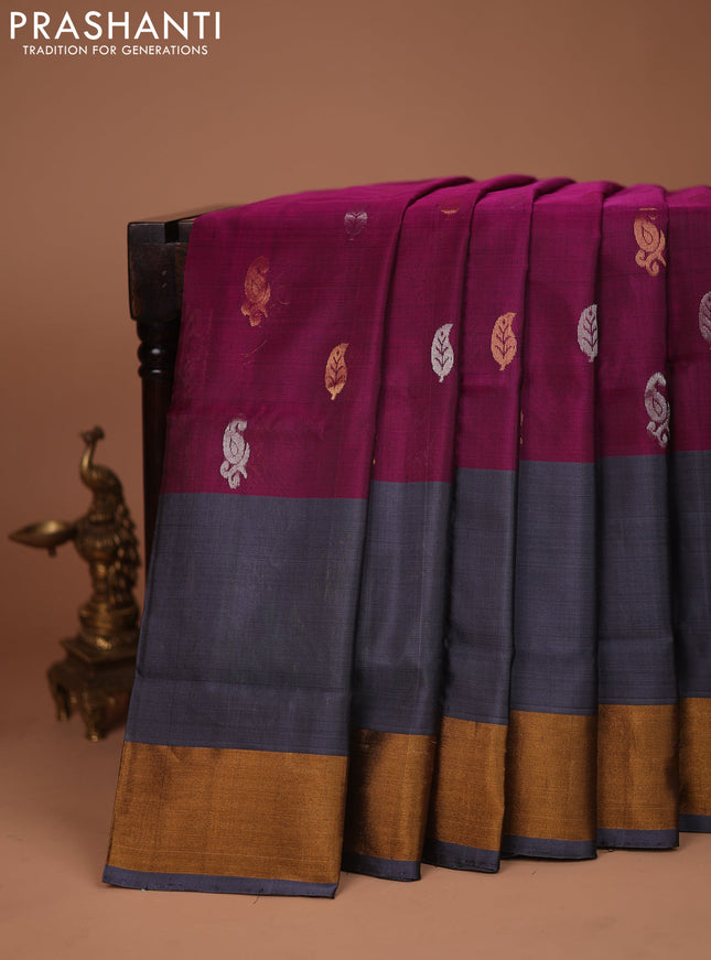 Pure uppada silk saree purple and grey with silver & gold zari woven buttas and zari woven peacock design butta border