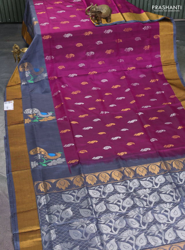 Pure uppada silk saree purple and grey with silver & gold zari woven buttas and zari woven peacock design butta border