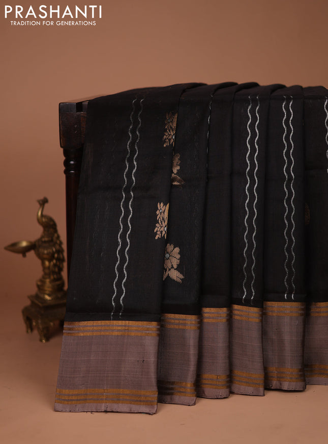 Pure uppada silk saree black and grey with allover silver & gold zari weaves and rettapet zari woven border