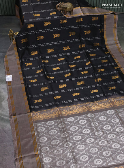 Pure uppada silk saree black and grey with allover silver & gold zari weaves and rettapet zari woven border