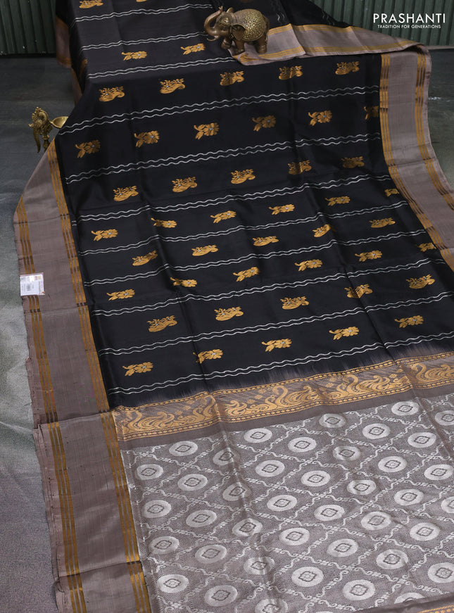 Pure uppada silk saree black and grey with allover silver & gold zari weaves and rettapet zari woven border