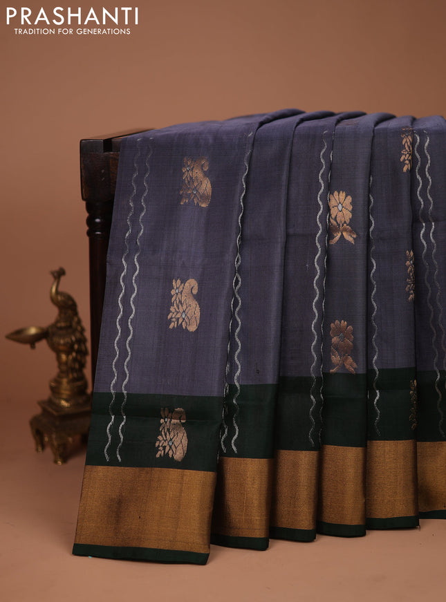 Pure uppada silk saree grey and dark green with allover silver & gold zari weaves and zari woven border