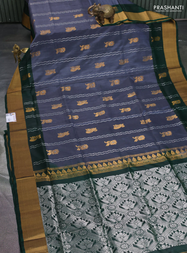 Pure uppada silk saree grey and dark green with allover silver & gold zari weaves and zari woven border