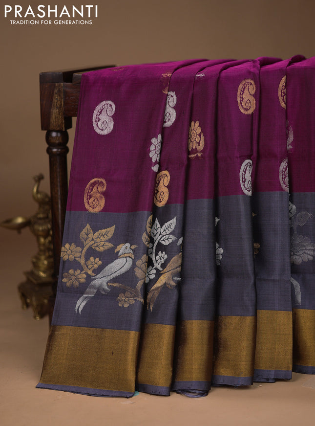 Pure uppada silk saree purple and grey with silver & gold zari woven buttas and zari woven border