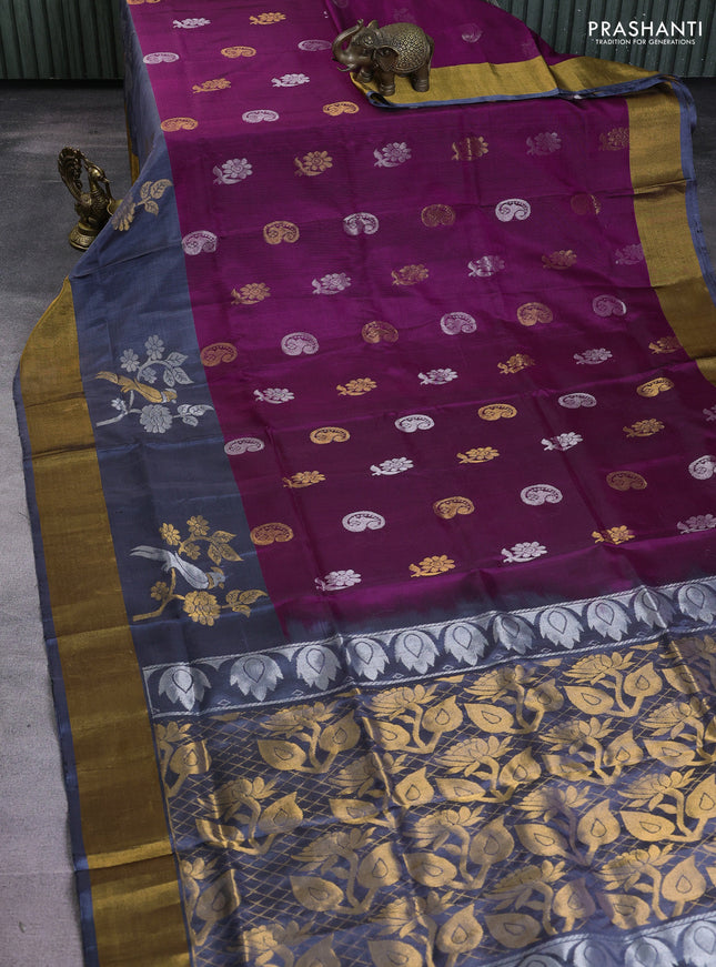 Pure uppada silk saree purple and grey with silver & gold zari woven buttas and zari woven border