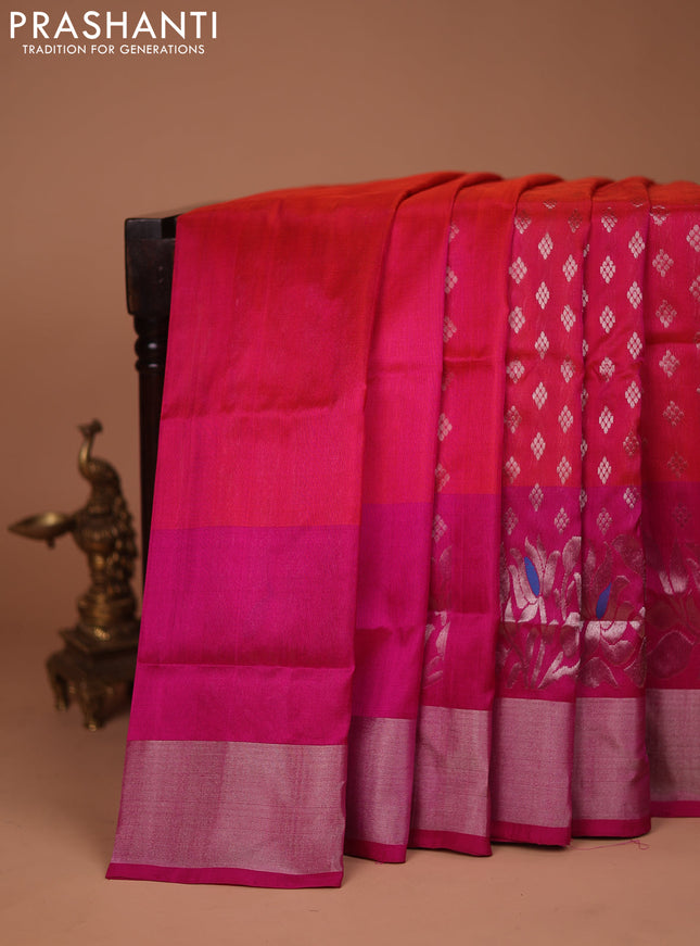 Pure uppada silk saree dual shade of pink and pink with allover silver zari woven buttas and long rich zari woven border