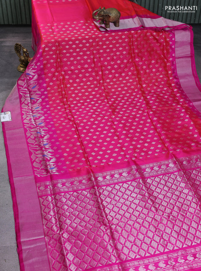 Pure uppada silk saree dual shade of pink and pink with allover silver zari woven buttas and long rich zari woven border