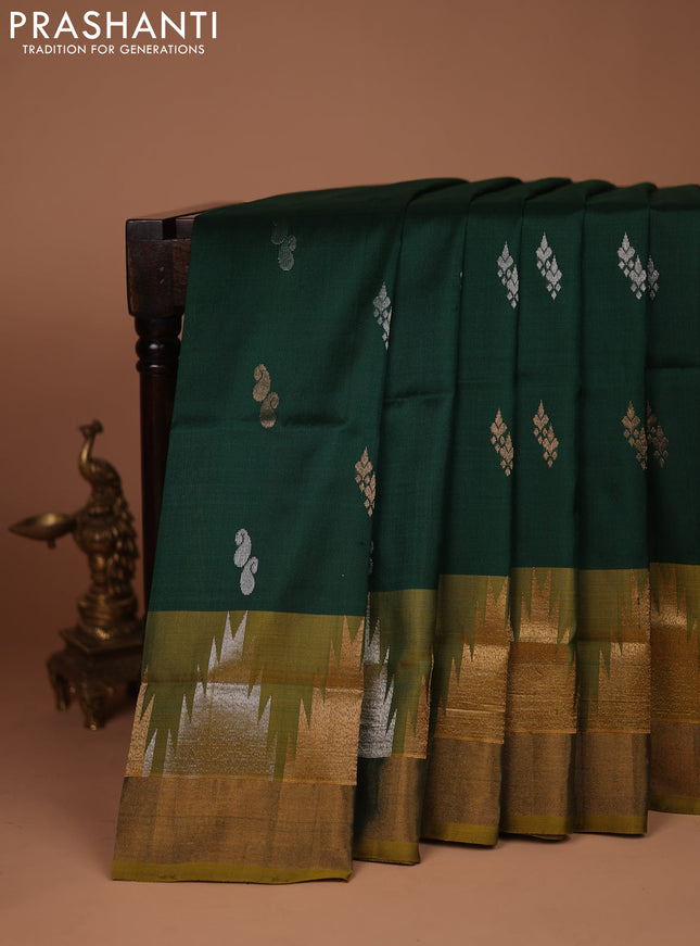 Pure uppada silk saree green and mehendi green with silver & gold zari woven buttas and temple design zari woven border