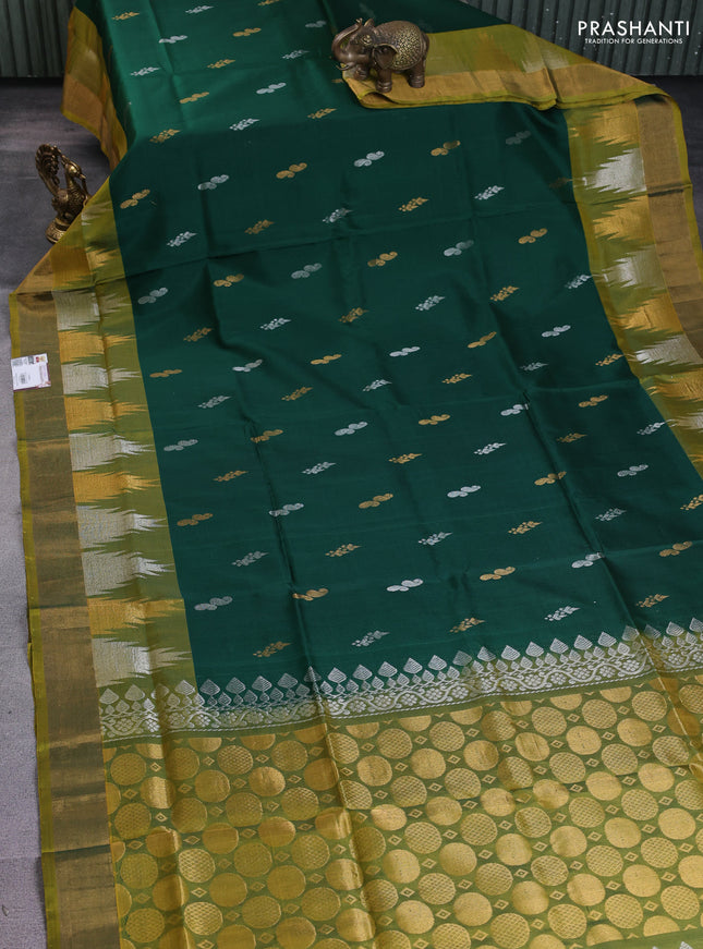 Pure uppada silk saree green and mehendi green with silver & gold zari woven buttas and temple design zari woven border
