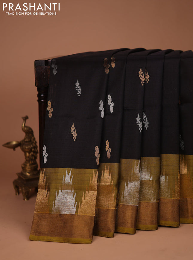 Pure uppada silk saree black and mehendi green with silver & gold zari woven buttas and temple design zari woven border