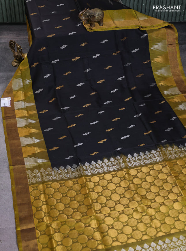 Pure uppada silk saree black and mehendi green with silver & gold zari woven buttas and temple design zari woven border