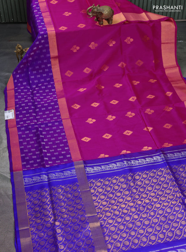 Pure uppada silk saree pink and blue with zari woven buttas and long zari woven butta border