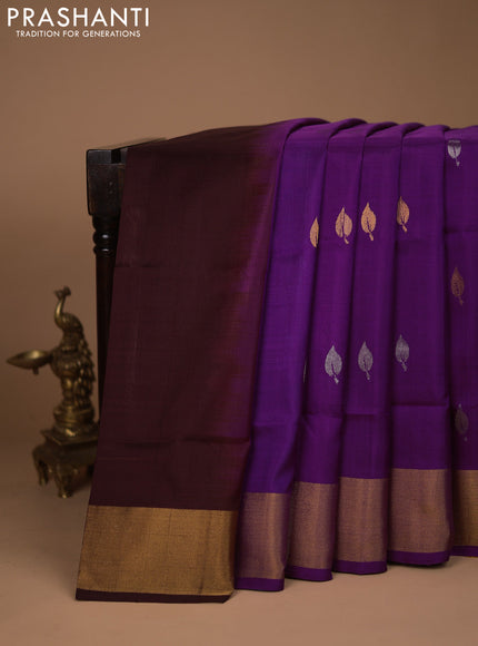 Pure uppada partly silk saree purple and mustard yellow with silver & gold zari woven leaf buttas and zari woven border