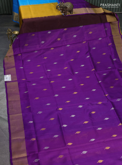 Pure uppada partly silk saree purple and mustard yellow with silver & gold zari woven leaf buttas and zari woven border