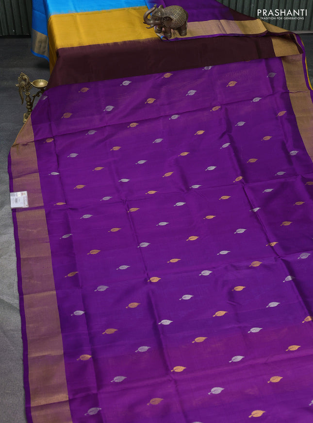 Pure uppada partly silk saree purple and mustard yellow with silver & gold zari woven leaf buttas and zari woven border