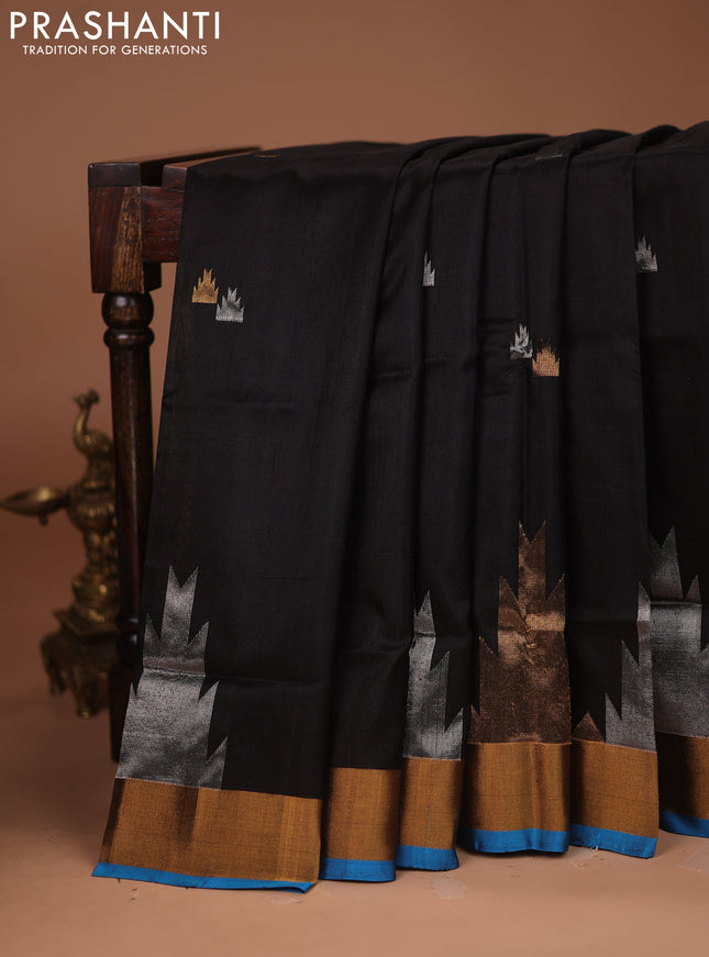 Pure uppada silk saree black and cs blue with silver & gold temple zari woven buttas and temple design zari woven border